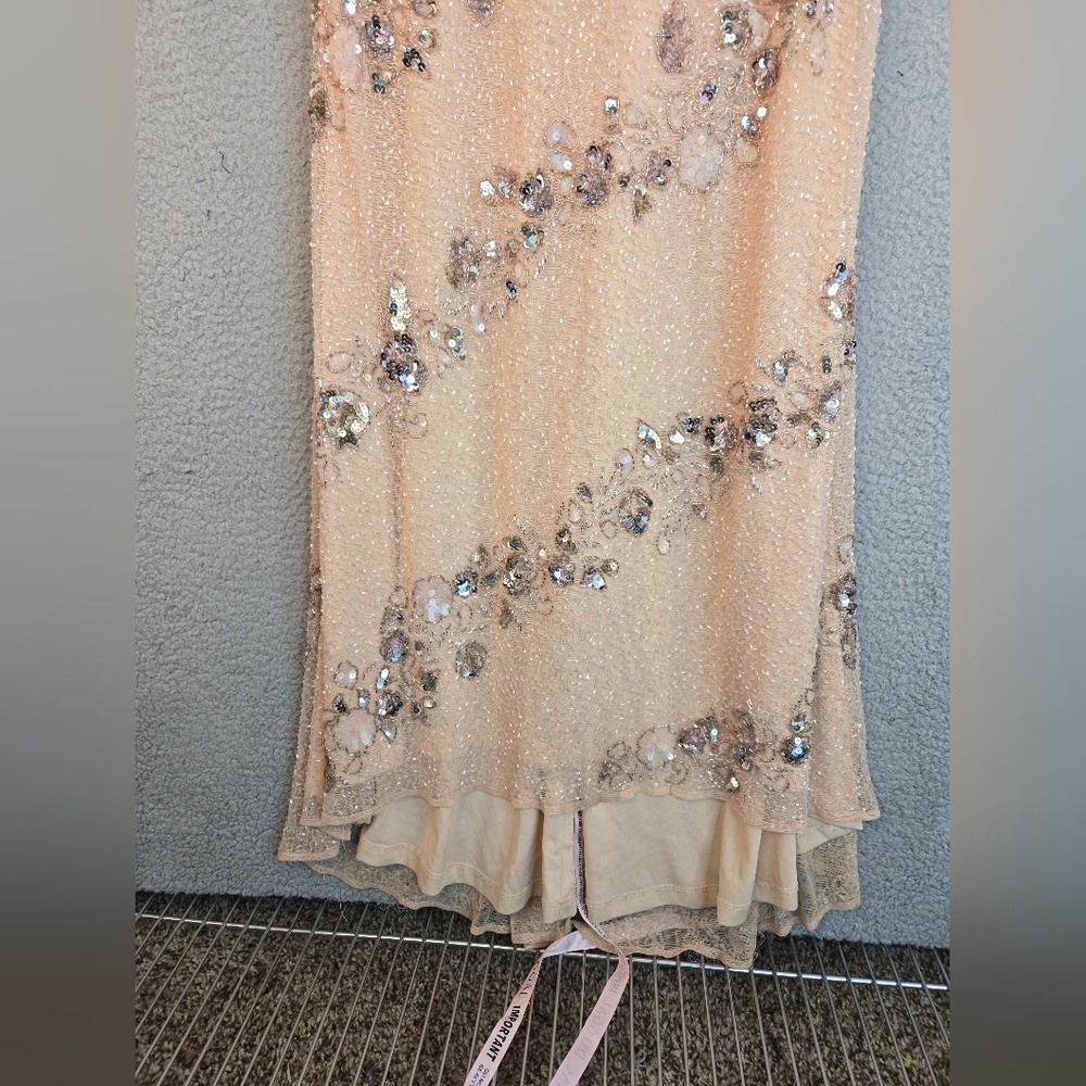 Mac Duggal Maxi Gown Womens Sz 4 Nude Silver Embellished Sequins Beads Lined - Picture 5 of 16